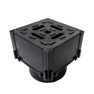 ACO HEXDRAIN CORNER UNIT WITH BLACK PLASTIC GRATING & VERTICAL OUTLET 125x125x125MM